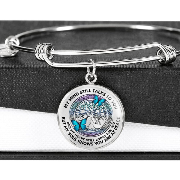 JL2407014 My Mind Still Talks To You Blue Butterflies And Metal Tree Of Life Circle Adjustable Luxury Bangle with Back Engraving