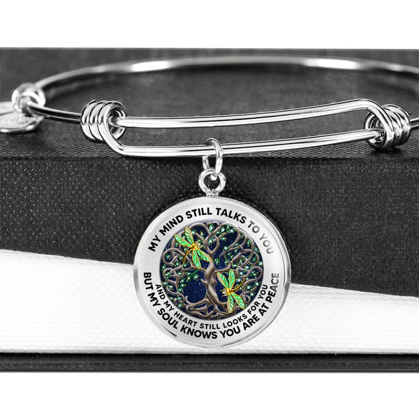 JL2407085 My Mind Still Talks To You Golden Dragonflies Brown Celtic Tree Of Life Green Leaf And Galaxy Circle Adjustable Luxury Bangle with Back Engraving
