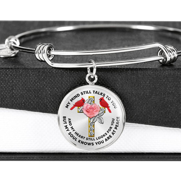 JL2007001 My Mind Still Talks To You Red Cardinals Rose Silver Cross Circle Adjustable Luxury Bangle with Back Engraving